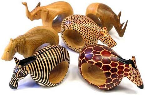 ebros gift Kitchen Dining Napkin Rings Holders Set of Six Safari Wild Animals Mahogany Wood