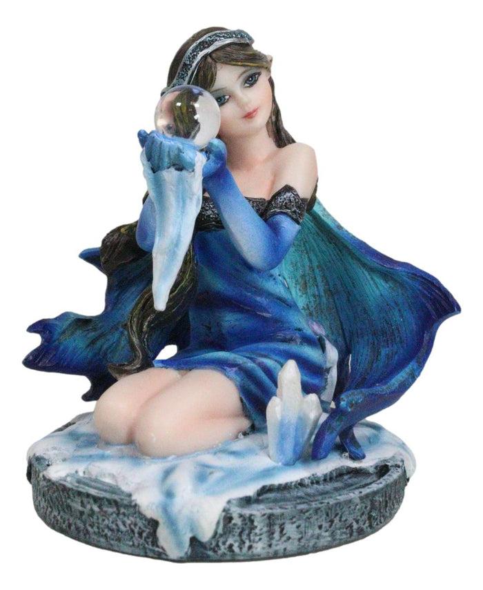 ebros gift Kneeling Blue Artic Frozen Ice Princess Fairy with Crystal Ball Small Figurine