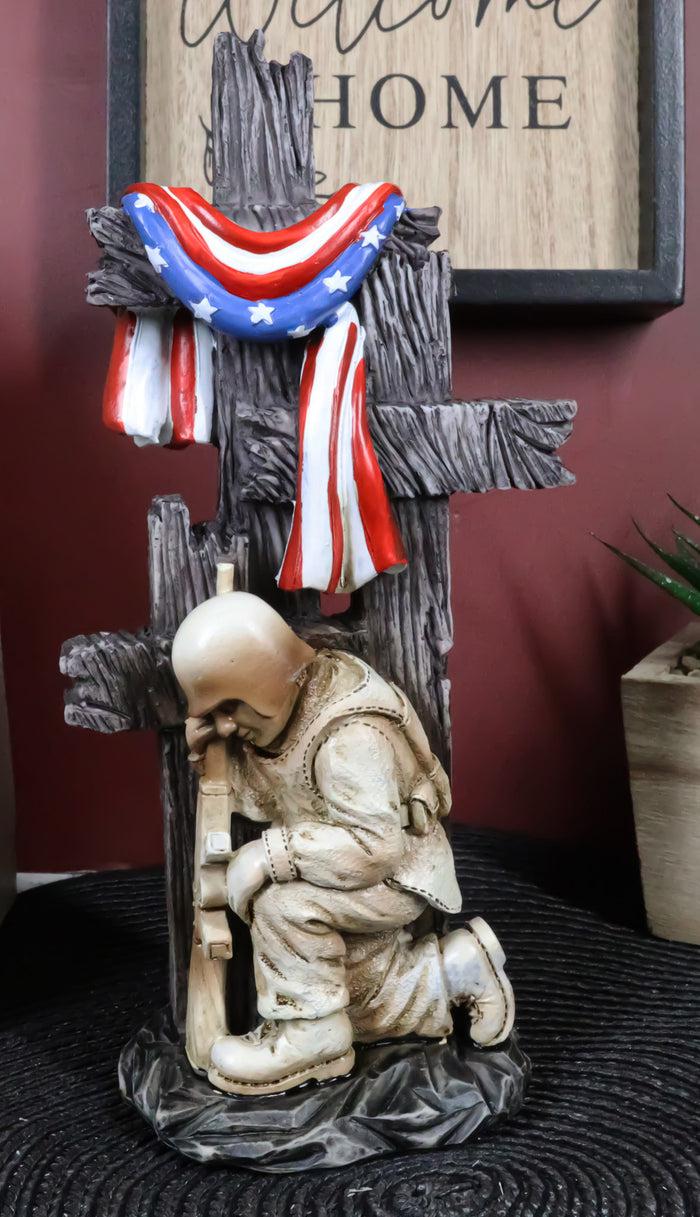 ebros gift Kneeling Soldier In Prayer By 3 Rugged Crosses American Flag Memorial Figurine