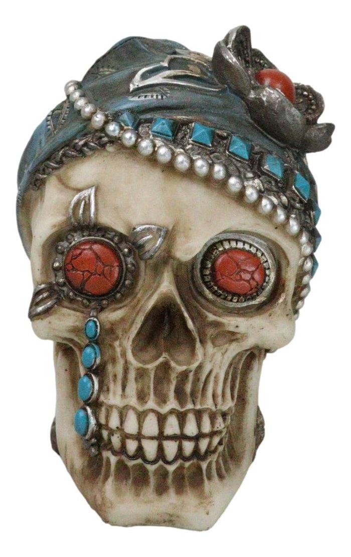 ebros gift Lady Madame Boudoir Gothic Camo Turquoise Jewelry Skull W/ Red Eyes Figurine