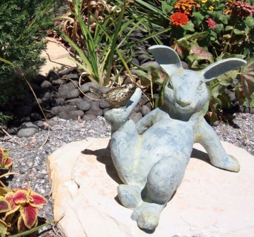 Ebros Gift Large 12"L Aluminum Hare Rabbit Playing With Bird Buddy Garden Outdoor Statue