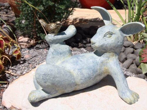 Ebros Gift Large 12"L Aluminum Hare Rabbit Playing With Bird Buddy Garden Outdoor Statue