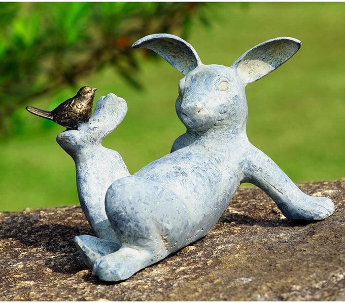 ebros gift Large 12"L Aluminum Hare Rabbit Playing With Bird Buddy Garden Outdoor Statue