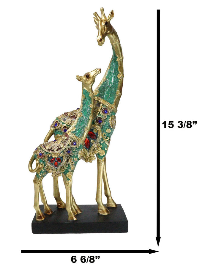 Ebros Gift Large 15"H Safari Green Bejeweled Masai Giraffe With Calf On Black Base Figurine