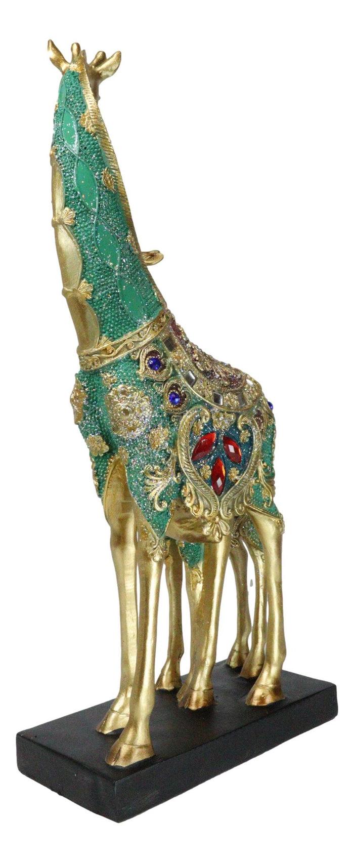 Ebros Gift Large 15"H Safari Green Bejeweled Masai Giraffe With Calf On Black Base Figurine