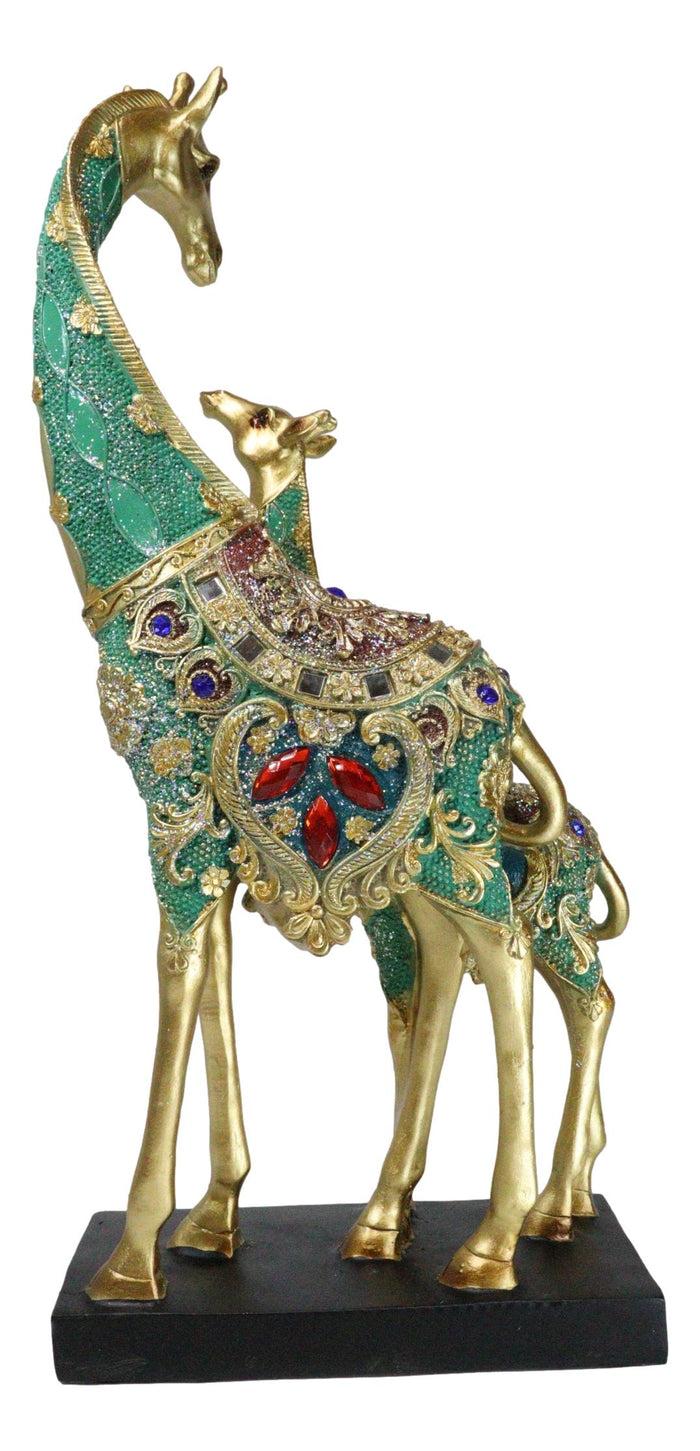Ebros Gift Large 15"H Safari Green Bejeweled Masai Giraffe With Calf On Black Base Figurine