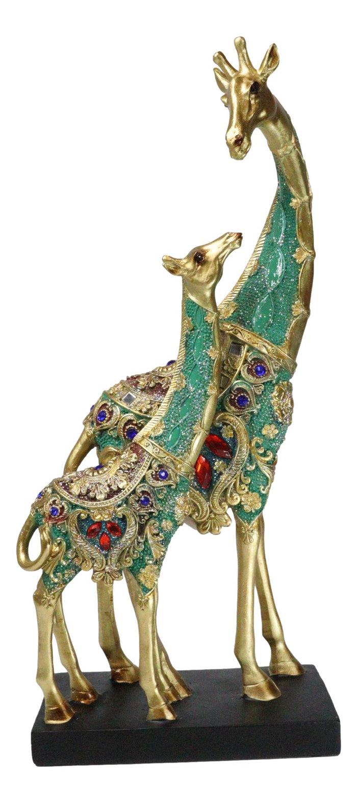 ebros gift Large 15"H Safari Green Bejeweled Masai Giraffe With Calf On Black Base Figurine