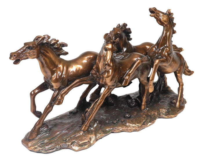 Ebros Gift Large 17"L Rustic Western Wild And Free 4 Running Horses Bronzed Resin Statue