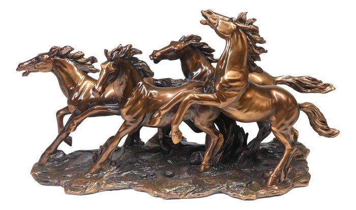 Ebros Gift Large 17"L Rustic Western Wild And Free 4 Running Horses Bronzed Resin Statue