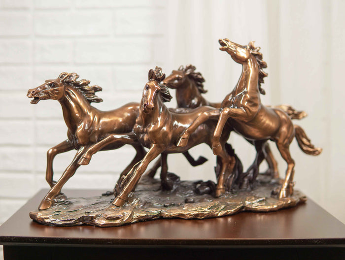 ebros gift Large 17"L Rustic Western Wild And Free 4 Running Horses Bronzed Resin Statue