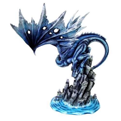 Ebros Gift Large 18" Tall Typhoon Blue Dragon Perching On Sea Cliff Rocks Decorative Statue