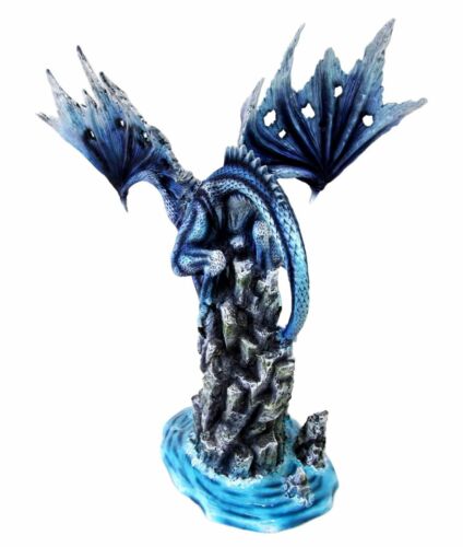 Ebros Gift Large 18" Tall Typhoon Blue Dragon Perching On Sea Cliff Rocks Decorative Statue