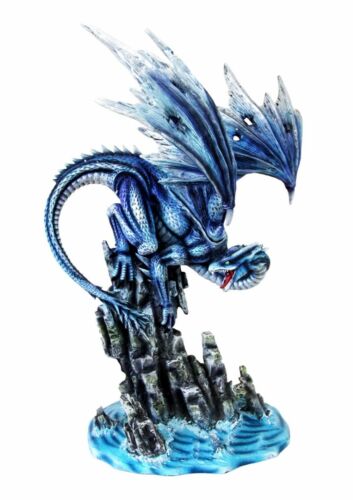 ebros gift Large 18" Tall Typhoon Blue Dragon Perching On Sea Cliff Rocks Decorative Statue
