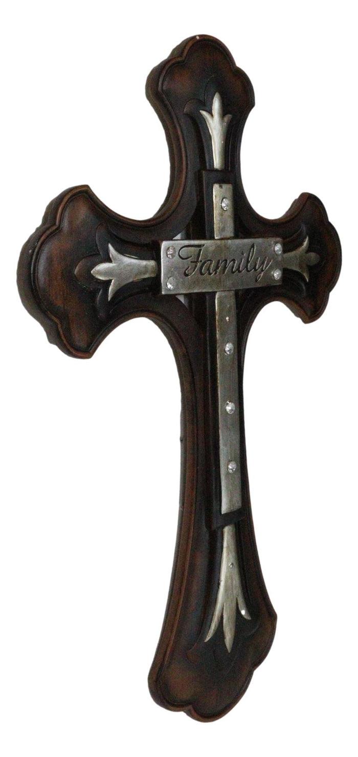 Ebros Gift Large 19" H Faux Wooden Family Fleur De Lis French Lily Motif Wall Cross Decor