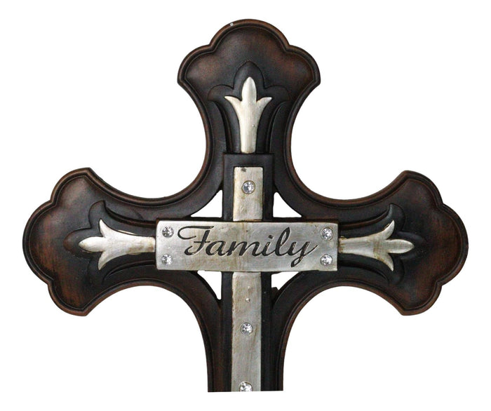 Ebros Gift Large 19" H Faux Wooden Family Fleur De Lis French Lily Motif Wall Cross Decor