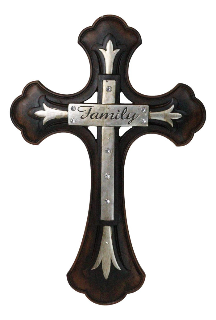 ebros gift Large 19" H Faux Wooden Family Fleur De Lis French Lily Motif Wall Cross Decor