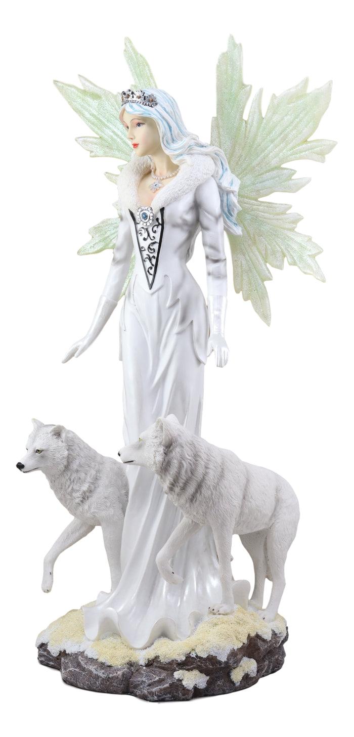 Ebros Gift Large 21.25"H Frozen White Witch Fairy With Two Albino Wolf Direwolves Statue