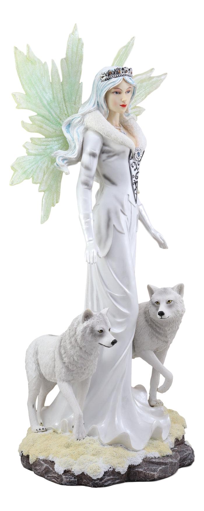 Ebros Gift Large 21.25"H Frozen White Witch Fairy With Two Albino Wolf Direwolves Statue