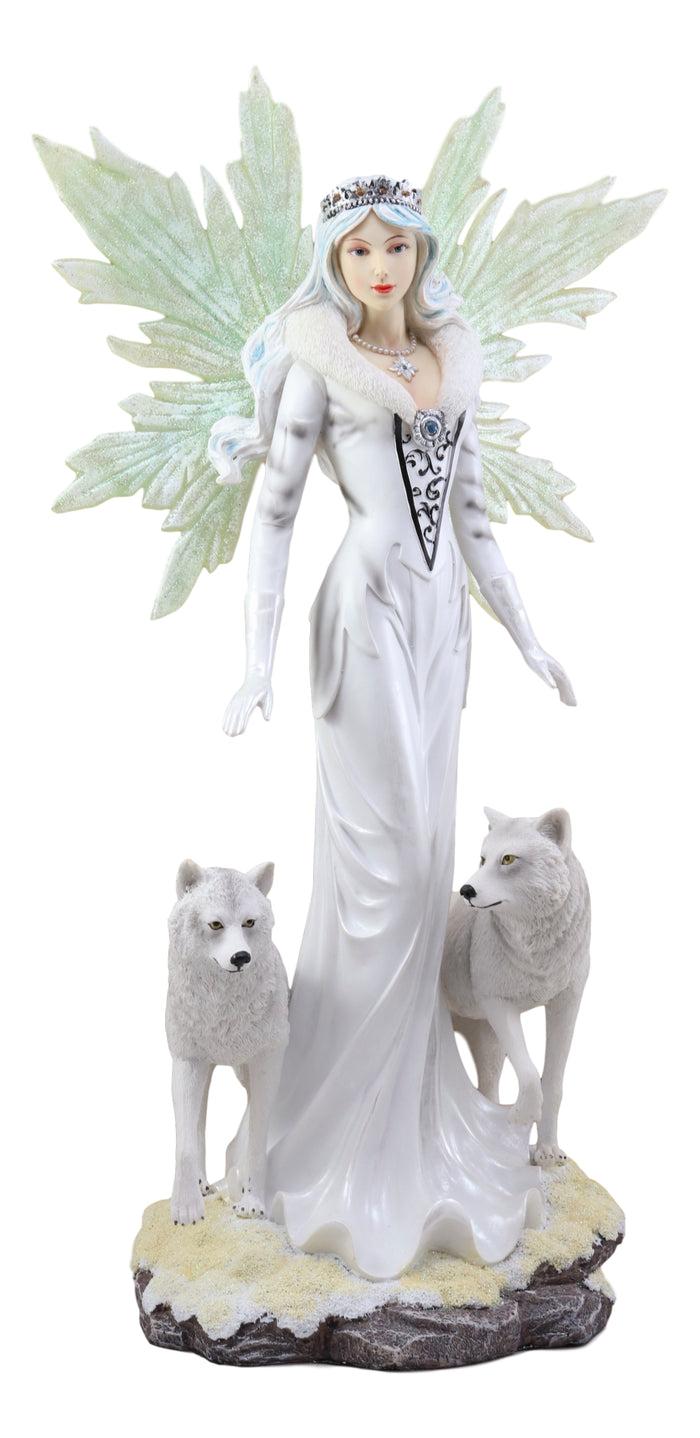 ebros gift Large 21.25"H Frozen White Witch Fairy With Two Albino Wolf Direwolves Statue