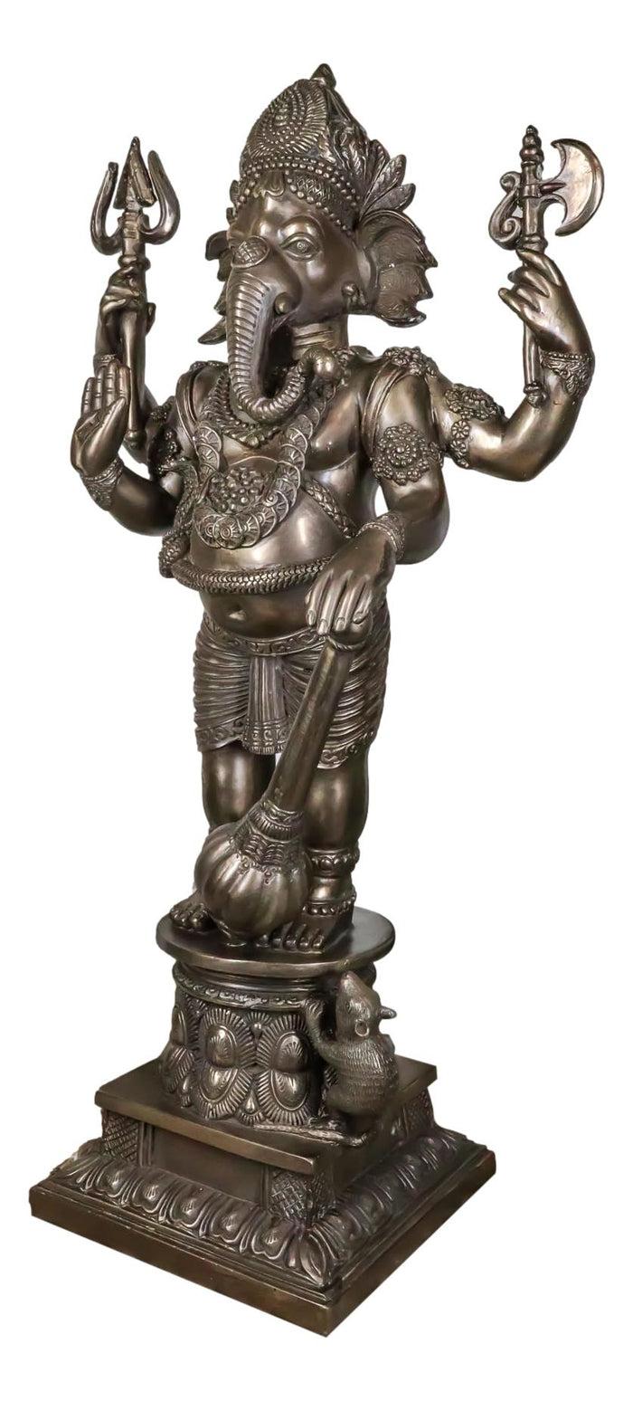 Ebros Gift Large 21" Tall Ganesha With Dhoti In War Armor On Pillar With Rat Statue Bronzed