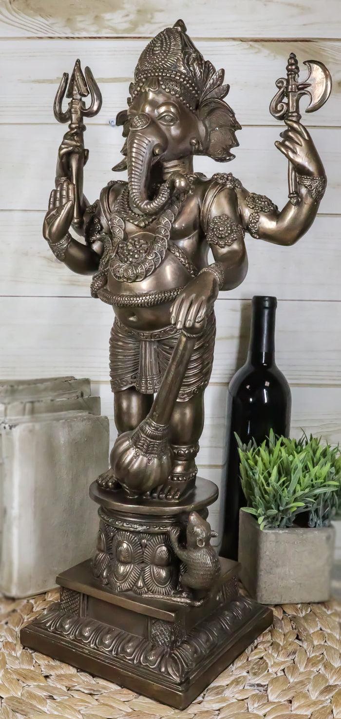 Ebros Gift Large 21" Tall Ganesha With Dhoti In War Armor On Pillar With Rat Statue Bronzed
