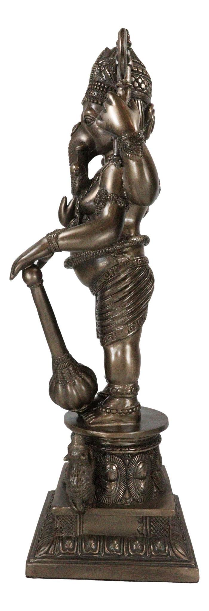 Ebros Gift Large 21" Tall Ganesha With Dhoti In War Armor On Pillar With Rat Statue Bronzed