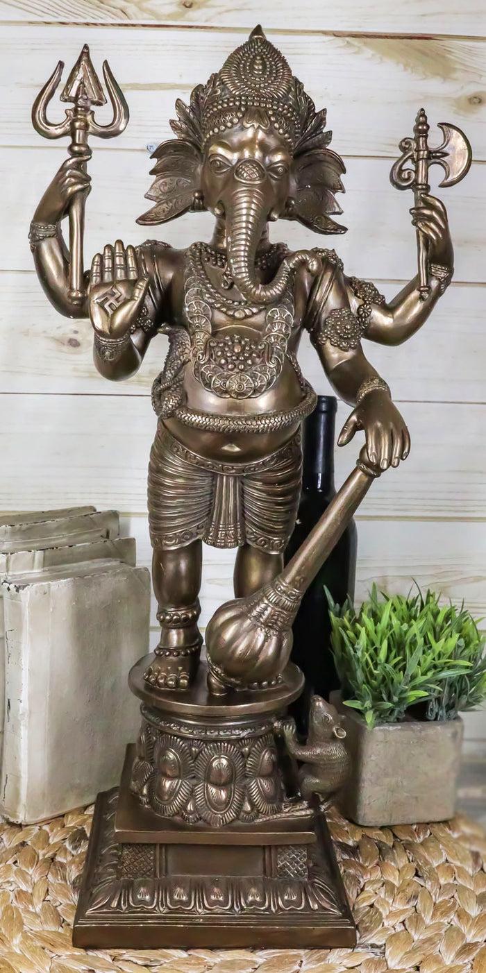 ebros gift Large 21" Tall Ganesha With Dhoti in War Armor On Pillar With Rat Statue Bronzed