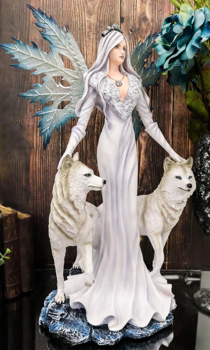 Ebros Gift Large 23" Tall Blizzard Frost Flake Fairy With Two Snow Wolves Statue Figurine