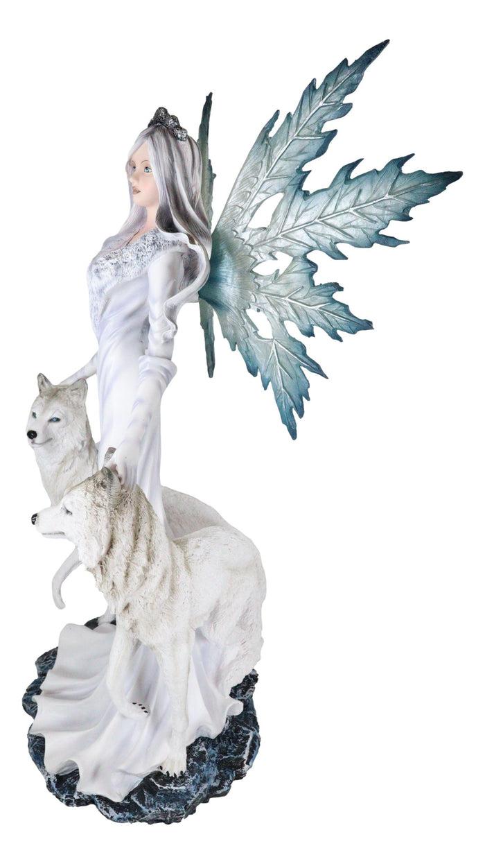 Ebros Gift Large 23" Tall Blizzard Frost Flake Fairy With Two Snow Wolves Statue Figurine