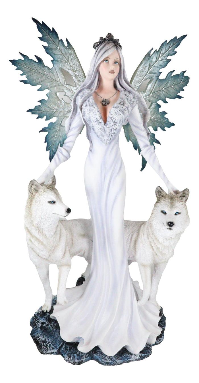 Ebros Gift Large 23" Tall Blizzard Frost Flake Fairy With Two Snow Wolves Statue Figurine