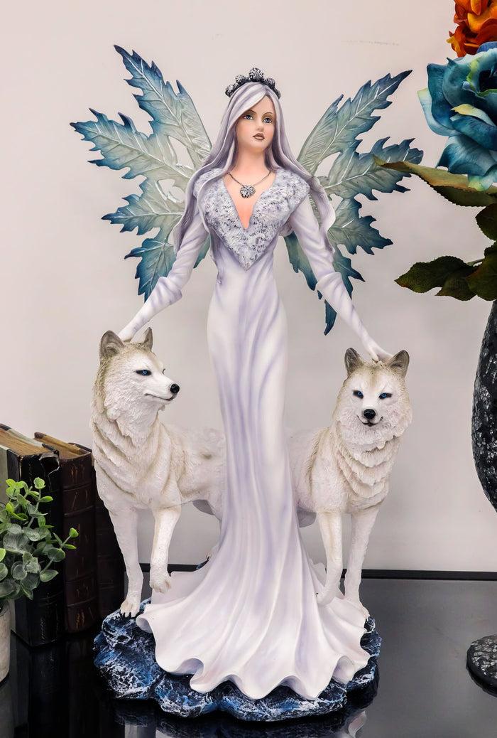 ebros gift Large 23" Tall Blizzard Frost Flake Fairy With Two Snow Wolves Statue Figurine