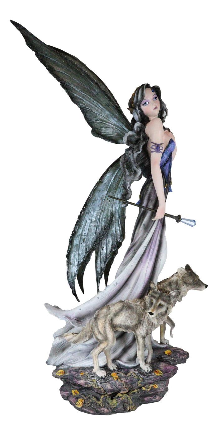Ebros Gift Large 23"Tall Crystal Orb Torch Fairy Running With Wolves Decorative Statue