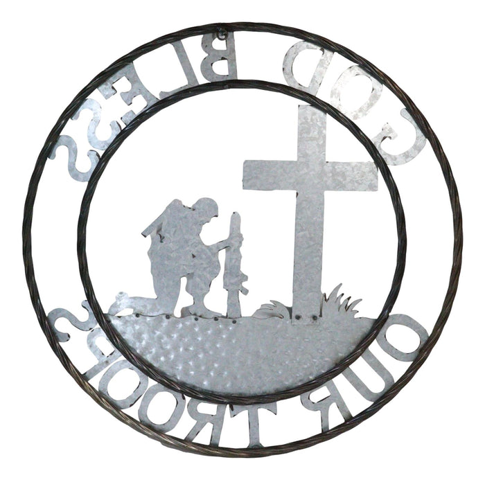 Ebros Gift Large 24"D Rustic Western God Bless Our Troops Sign Metal Circle Wall Decor