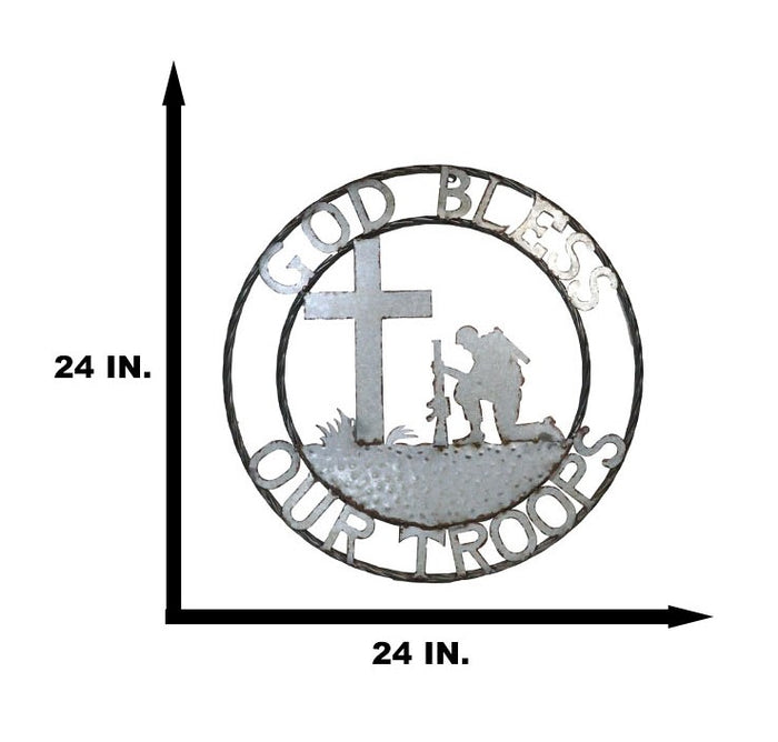 Ebros Gift Large 24"D Rustic Western God Bless Our Troops Sign Metal Circle Wall Decor