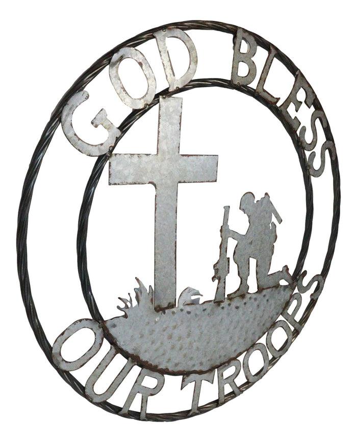 Ebros Gift Large 24"D Rustic Western God Bless Our Troops Sign Metal Circle Wall Decor