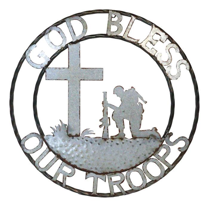 ebros gift Large 24"D Rustic Western God Bless Our Troops Sign Metal Circle Wall Decor