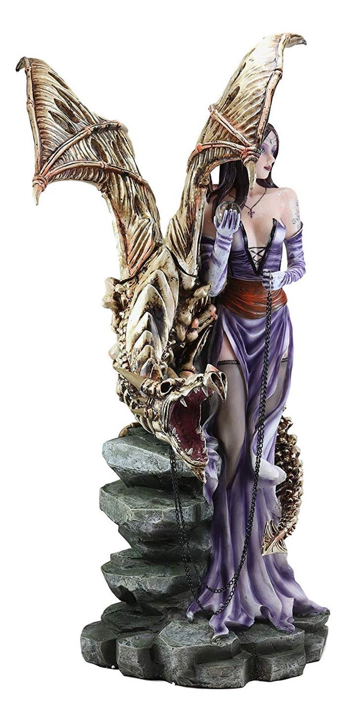 Ebros Gift Large 25"H Goth Vampire Fairy In Night Gown With Chained Skeleton Dragon Statue