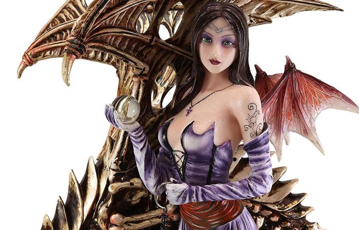 Ebros Gift Large 25"H Goth Vampire Fairy In Night Gown With Chained Skeleton Dragon Statue