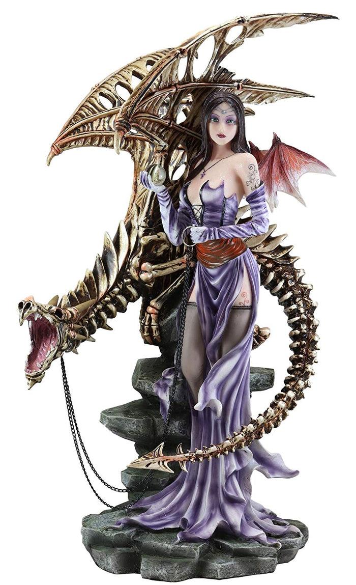 ebros gift Large 25"H Goth Vampire Fairy In Night Gown With Chained Skeleton Dragon Statue