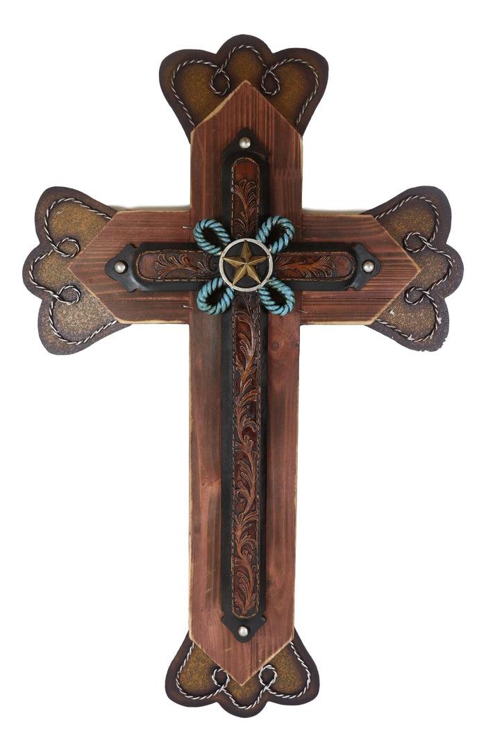 ebros gift Large 25"H Rustic Western Star Turquoise Ropes Faux Tooled Leather Wall Cross