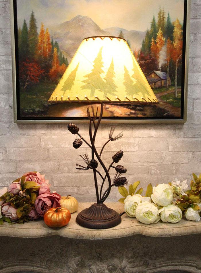 Ebros Gift Large 27"H Vintage Rustic Mountain Pinecone Pine Tree Needles Metal Table Lamp