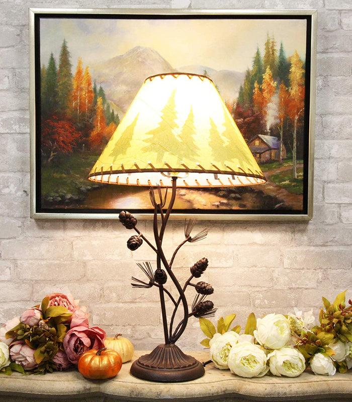ebros gift Large 27"H Vintage Rustic Mountain Pinecone Pine Tree Needles Metal Table Lamp