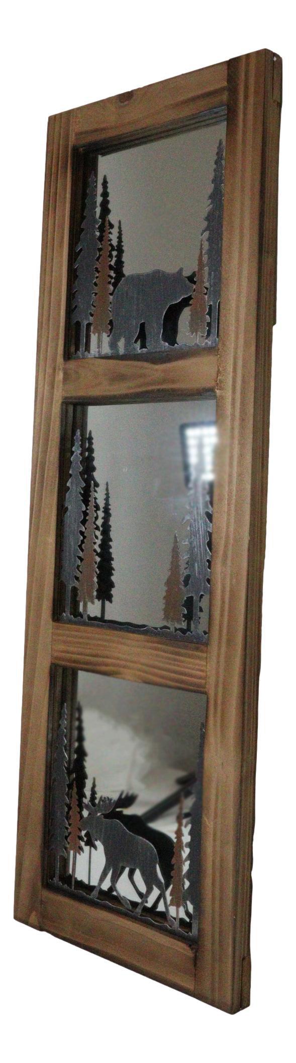 Ebros Gift Large 30"H Western Rustic Bear And Moose In Pine Trees Forest Wooden Wall Mirror