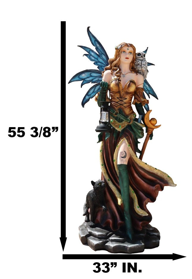 Ebros Gift Large 4.5 Ft Moon Spell Caster Fairy With Owl Cat And Solar LED Lantern Statue