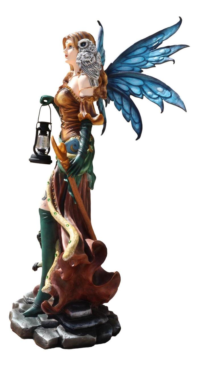 Ebros Gift Large 4.5 Ft Moon Spell Caster Fairy With Owl Cat And Solar LED Lantern Statue