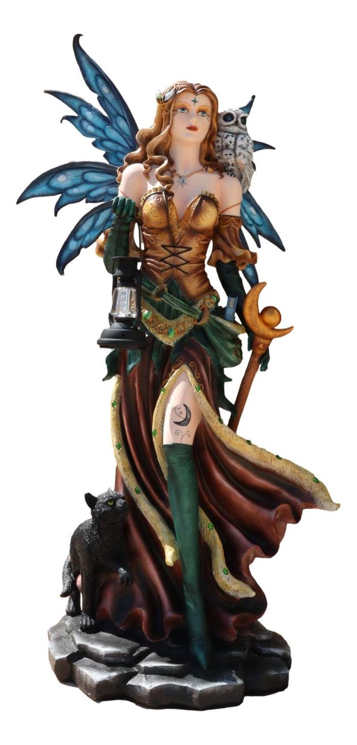 Ebros Gift Large 4.5 Ft Moon Spell Caster Fairy With Owl Cat And Solar LED Lantern Statue