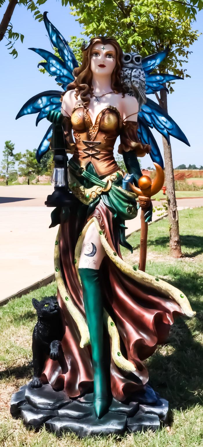 ebros gift Large 4.5 Ft Moon Spell Caster Fairy With Owl Cat And Solar LED Lantern Statue