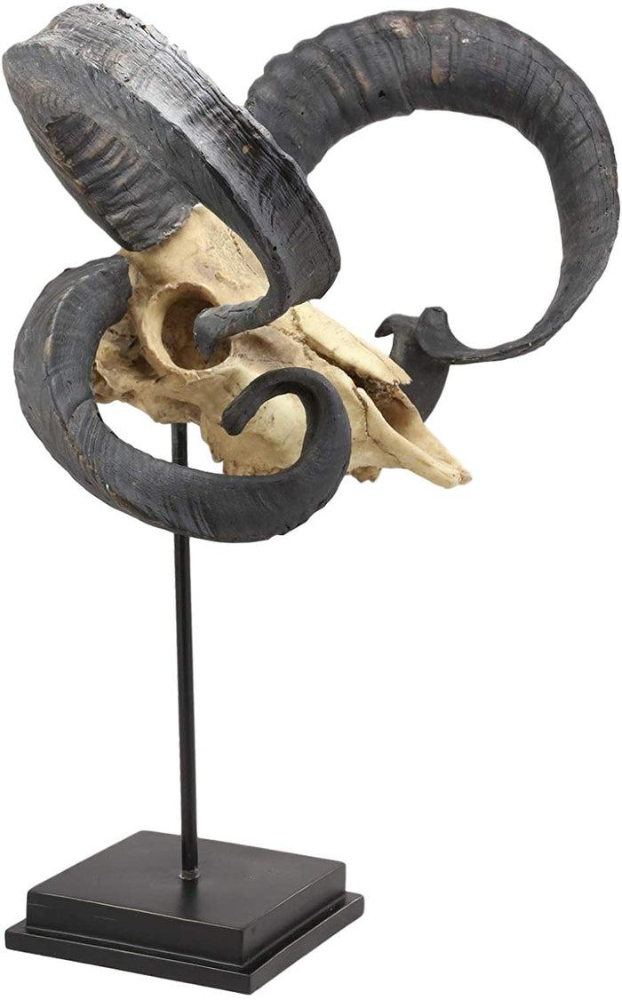 Ebros Gift Large Alien Mutated Quad Horns Ram Skull Sculpture On Museum Base Stand 17.25"H