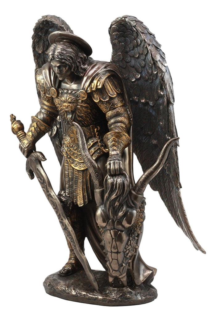 Ebros Gift Large Archangel Saint Michael Holding Satan Dragon Lucifer Head Statue 15.5"H