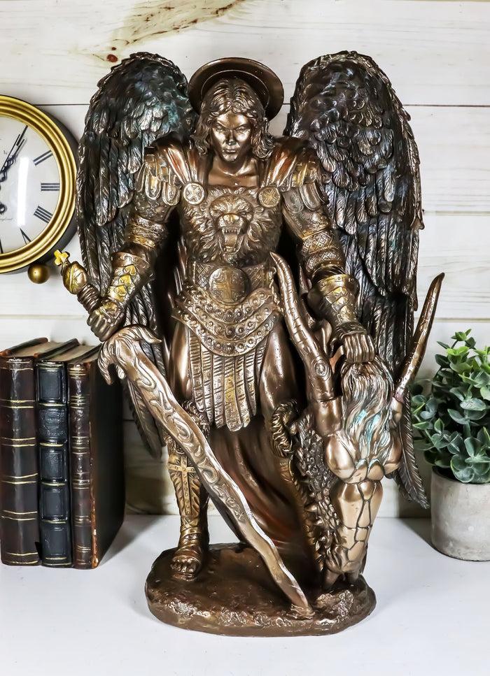 ebros gift Large Archangel Saint Michael Holding Satan Dragon Lucifer Head Statue 15.5"H
